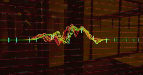 Digital composition of financial data processing against empty office in Stock Illustration