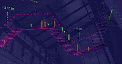 Digital composition of financial data processing against empty office in Stock Illustration