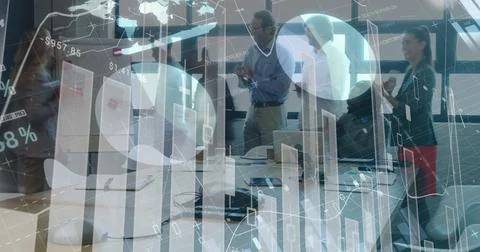 Digital composition of financial data processing against business people working 스톡 사진