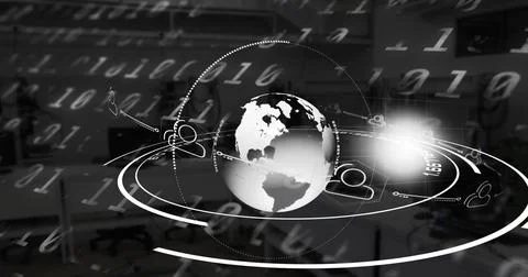 Digital composition of globe spinning over binary coding against empty office Stock Illustration