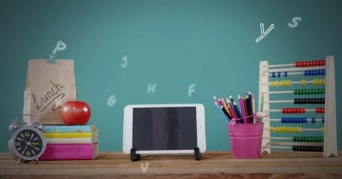 Digital composition of multiple alphabets falling over school stationary items Stock Illustration