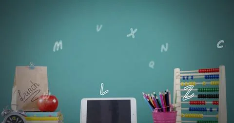Digital composition of multiple alphabets falling over school stationary items Stock Illustration