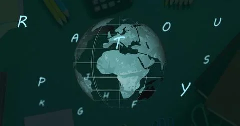 Digital composition of multiple alphabets floating over spinning globe against 스톡 일러스트