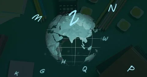 Digital composition of multiple alphabets floating over spinning globe against Stock Illustration