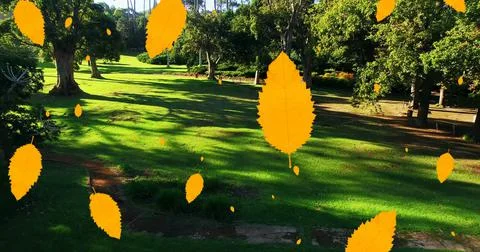 Digital composition of multiple autumn leaves icons falling against aerial view Foto stock