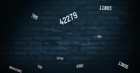 Digital composition of multiple changing numbers floating against brick wall in Illustrazione stock