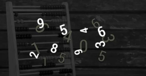 Digital composition of multiple changing numbers floating against abacus in Stock Illustration