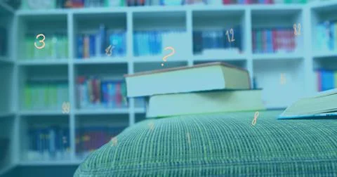 Digital composition of multiple numbers and symbols floating against stack of Stock Illustration