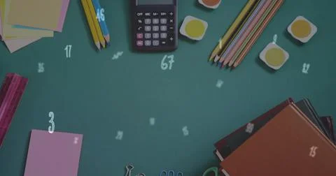 Digital composition of multiple numbers and symbols floating against school Stock Illustration