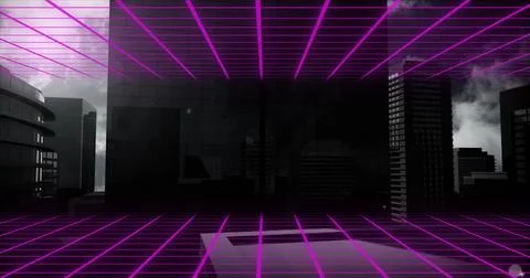 Digital composition of purple grid network against tall buildings in background Stock Illustration