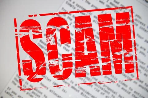 Digital composition. Red Rubber stamp effect .with the word scam. .A scam is  Stock Illustration