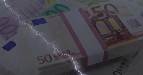 Digital composition of thunder effect against euro bills in background Stock Photos