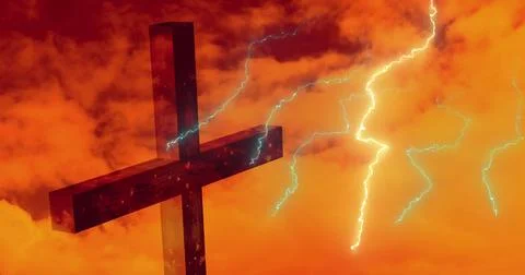 Digital composition of thunder effect over cross against clouds in the sky Stock Photos