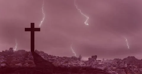 Digital composition of thunder effect over cross against clouds in the sky Stock Photos
