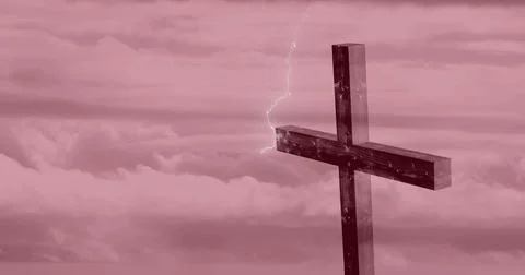 Digital composition of thunder effect over cross against clouds in the sky Stock Photos