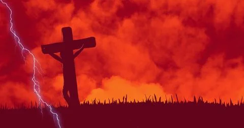 Digital composition of thunder effect over crucifix on cross against clouds in Stock Photos