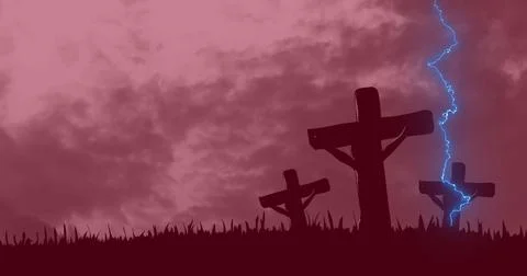 Digital composition of thunder effect over crucifix on cross against clouds in Stock Photos
