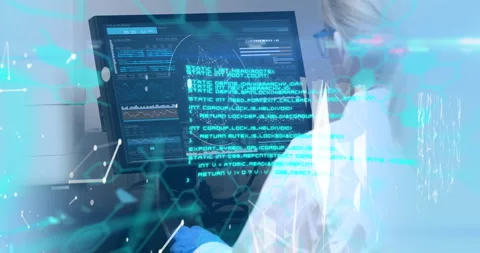 Digital compote video of medical data processing against female health worker Video stock 146565962