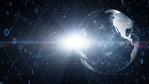 Digital computer binary data with earth globe rotation Stock Footage 337428959