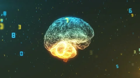 Digital computer brain in a cloud of numerical data Video stock 68631388