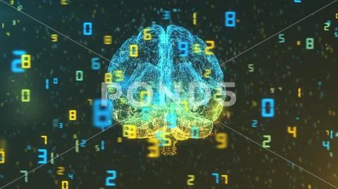 Digital computer brain wireframe image in cloud of numbers Stock Illustration
