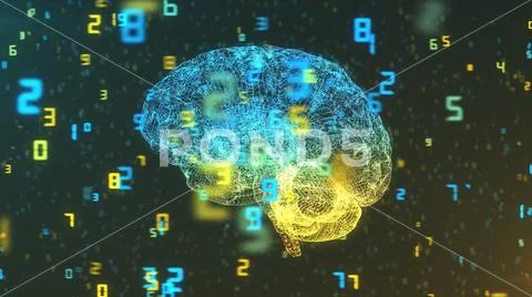 Digital computer brain wireframe image in number cloud Stock Illustration