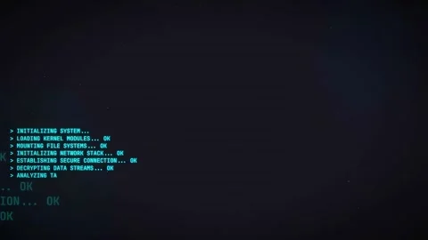 Digital computer code scrolling on black screen showing system initialization Stock Footage 336772052