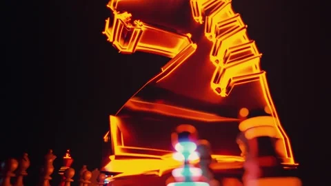 Digital, computer, cybernetic game of chess. Big glowing knight, horse chess Stock Footage 249626636