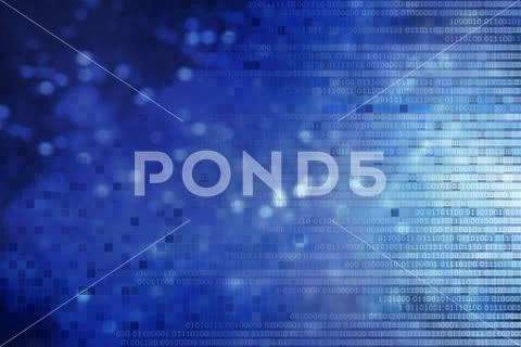 Digital computer data concept. white binary code text on blue pixel blocks ab Stock Photos