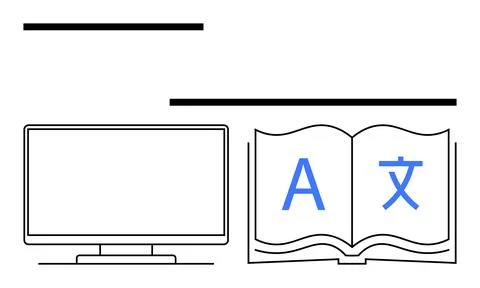 Digital Computer Displaying Bilingual Open Book with Blue Text for Language.. Illustrazione stock