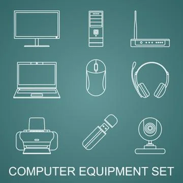 Digital computer equipment set. Set of different silhouettes digital devices and Illustrazione stock