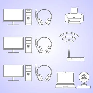 Digital computer equipment set. Set of different silhouettes digital devices and Illustrazione stock