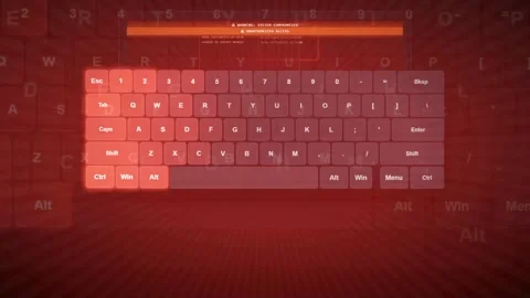 Digital computer keyboard with red glowing light effects and futuristic data Video stock 343162491