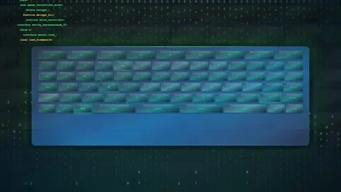Digital Computer Keyboard with Scrolling Programming Code Overlay on Dark Stock Footage 336778222