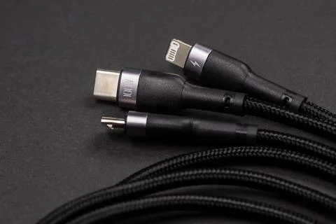 Digital computer or smartphone cables. Usb type c, mini-usb, lightning connec Foto stock
