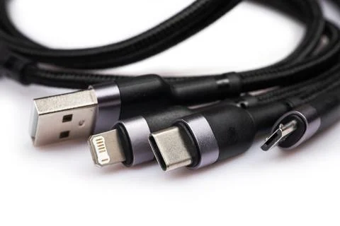 Digital computer or smartphone cables. Usb type c, mini-usb, lightning connec 스톡 사진