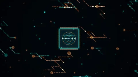 Digital computer processor chip with glowing neon circuit connection lines .. Stock Footage 344240414
