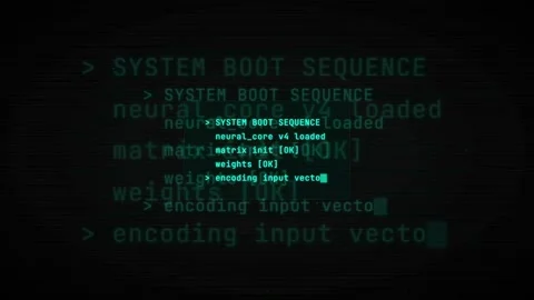 Digital computer screen displaying a futuristic system boot sequence with Stock Footage 336776140