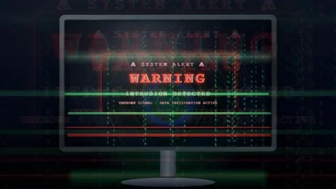 Digital computer screen displaying a red warning alert for system intrusion and Stock Footage 343163390