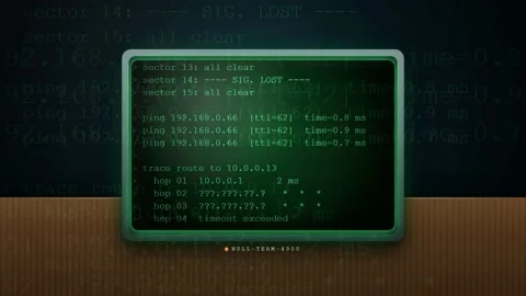 Digital computer screen displaying scrolling green code and network diagnostic Stock-Footage 343160278