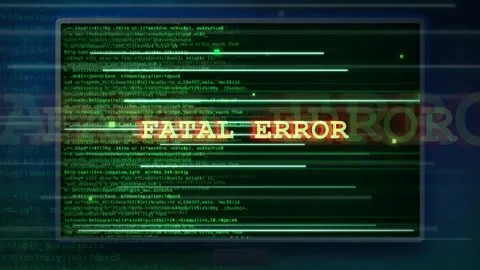 Digital computer screen displaying scrolling green code with a red fatal error Stock Footage 343170847