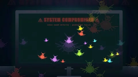 Digital computer screen showing system compromised warning with colorful Stock Footage 343162904