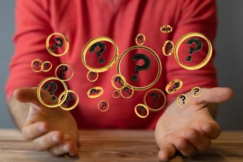 A digital concept of businessman solving problems, floating question marks in Foto stock