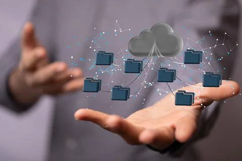 Digital concept of data cloud storage network from lines, files and particle Foto stock