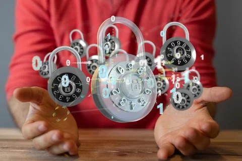 Digital concept of data protection in hands and a binary code Stock Photos