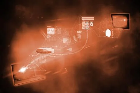 Digital concept is depicting data flow linking laptop to tablet with search and 스톡 일러스트