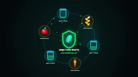Digital concept graphic illustrates the zero food waste preservation loop w.. Stock Footage 344889529