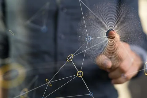 Digital concept of an interface network and a finger touching it Foto stock