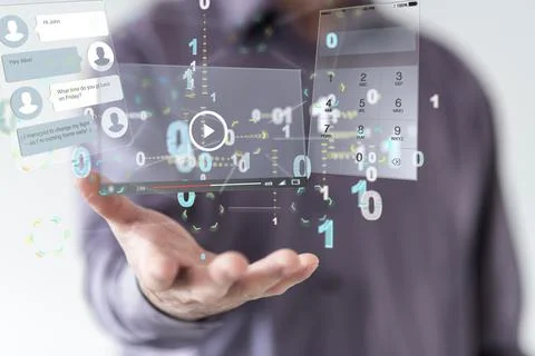 Digital concept of an Interface web application and binary code in hand Foto stock