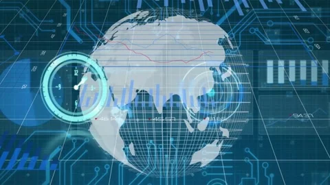 Digital concept video displays a clock and data on a rotating globe for business Stock Footage 329968219